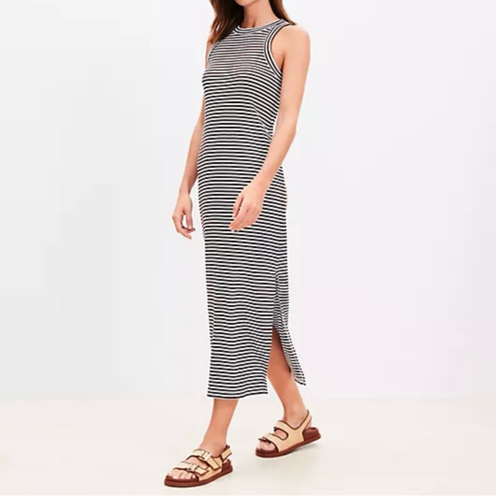 LOFT Brown and White Rib Knit Midi Tank Dress